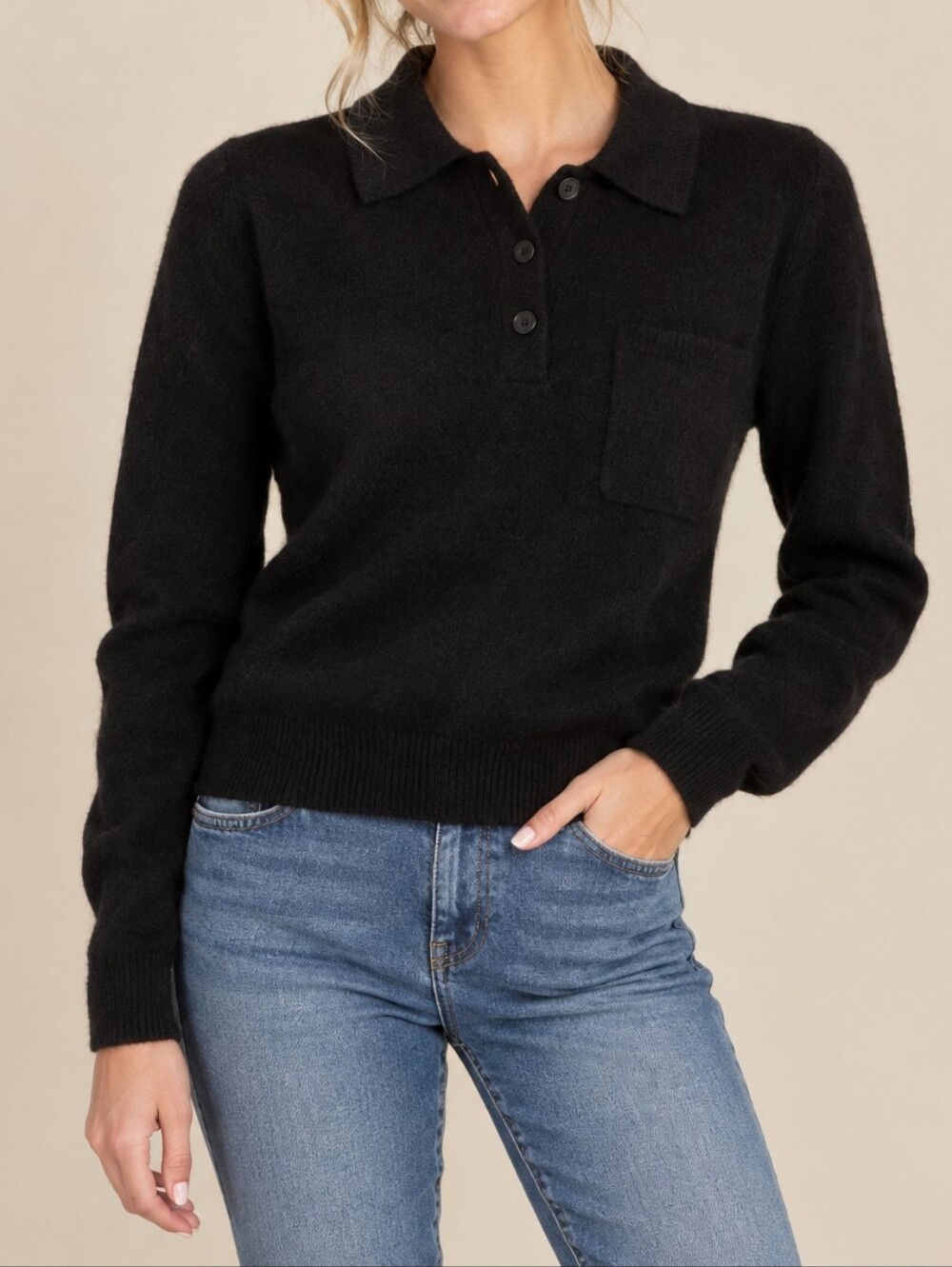 J. Crew Cashmere Black Polo Quarter Button Long Sleeve Like New Soft! Size Small